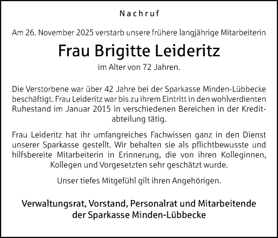 Anzeige von Brigitte Leideritz von Mindener Tageblatt