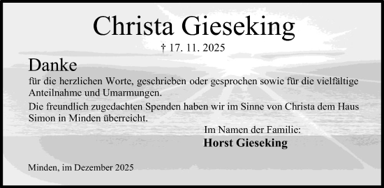 Anzeige von Christa Gieseking von Mindener Tageblatt