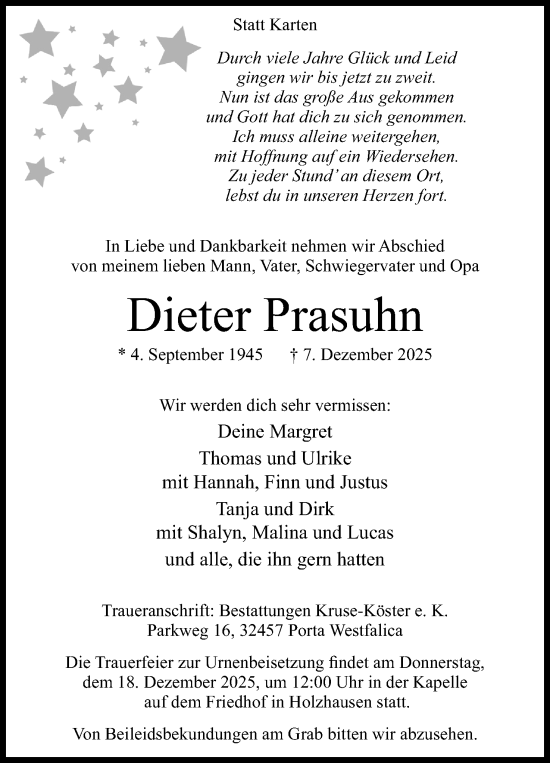 Anzeige von Dieter Prasuhn von Mindener Tageblatt