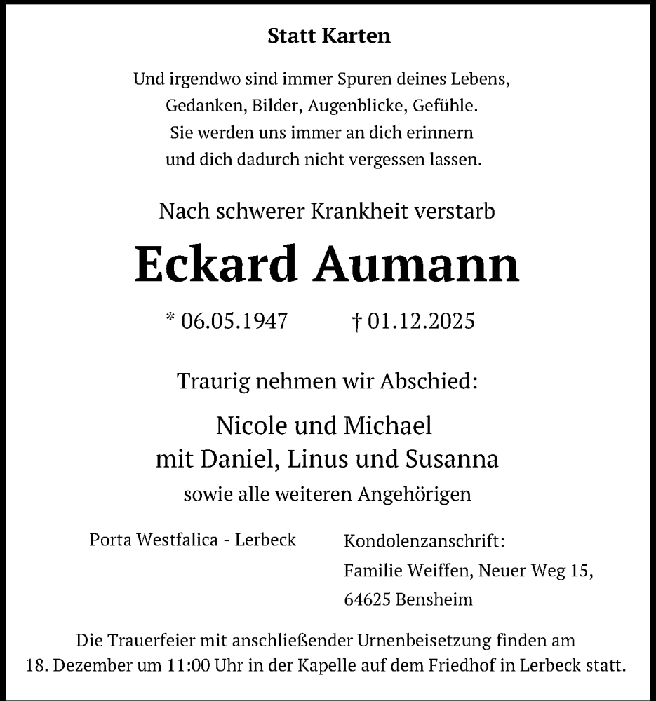  Traueranzeige für Eckard Aumann vom 13.12.2025 aus Mindener Tageblatt