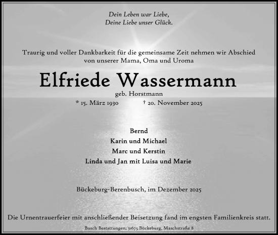 Anzeige von Elfriede Wassermann von Mindener Tageblatt