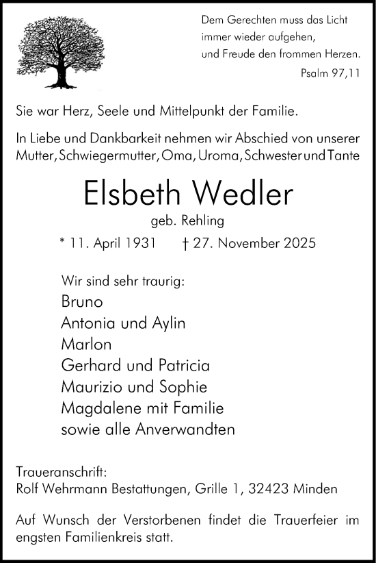 Anzeige von Elsbeth Wedler von Mindener Tageblatt