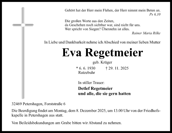 Anzeige von Eva Regetmeier von Mindener Tageblatt