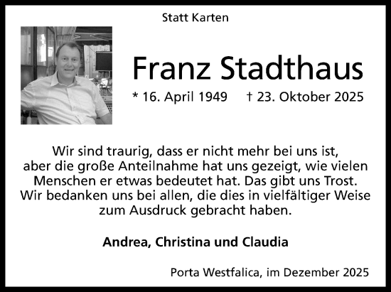 Anzeige von Franz Stadthaus von Mindener Tageblatt