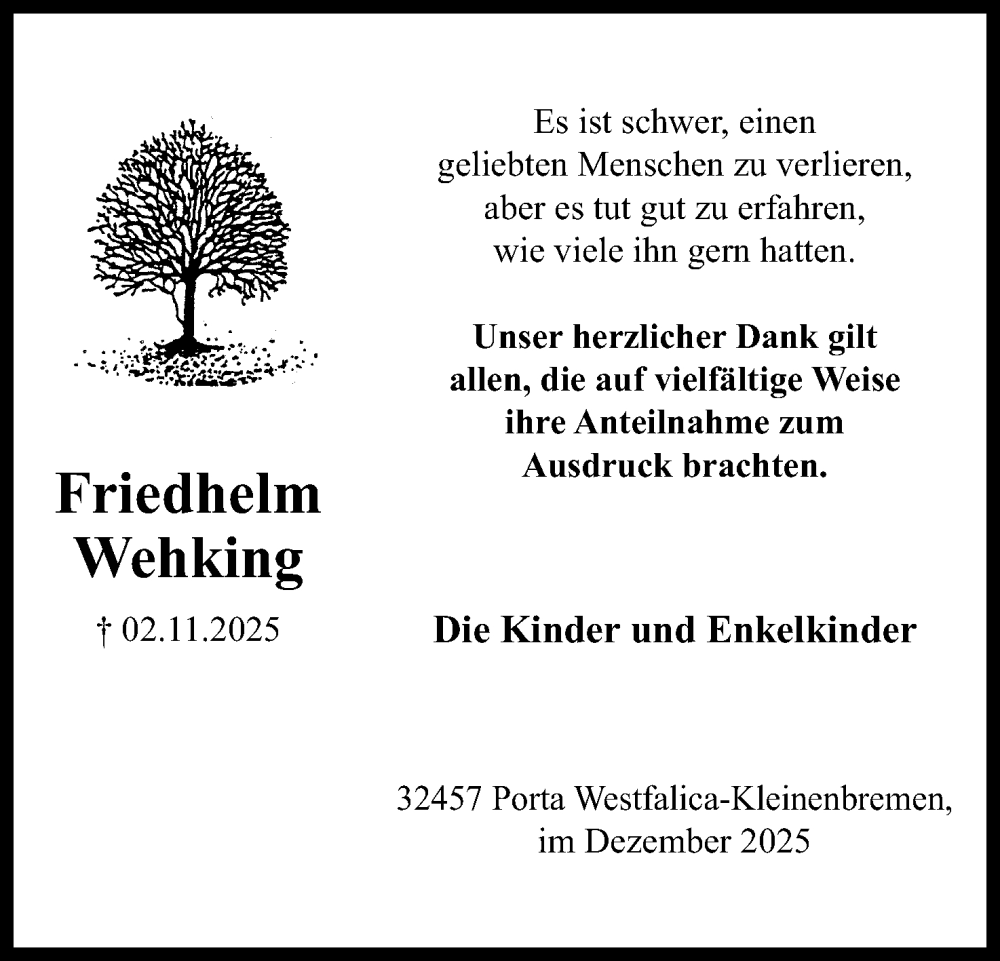  Traueranzeige für Friedhelm Wehking vom 06.12.2025 aus Mindener Tageblatt