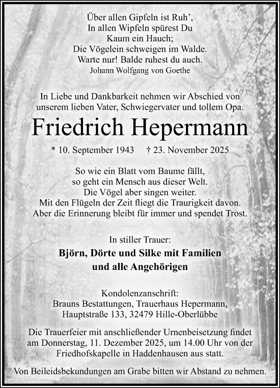 Anzeige von Friedrich Hepermann von Mindener Tageblatt