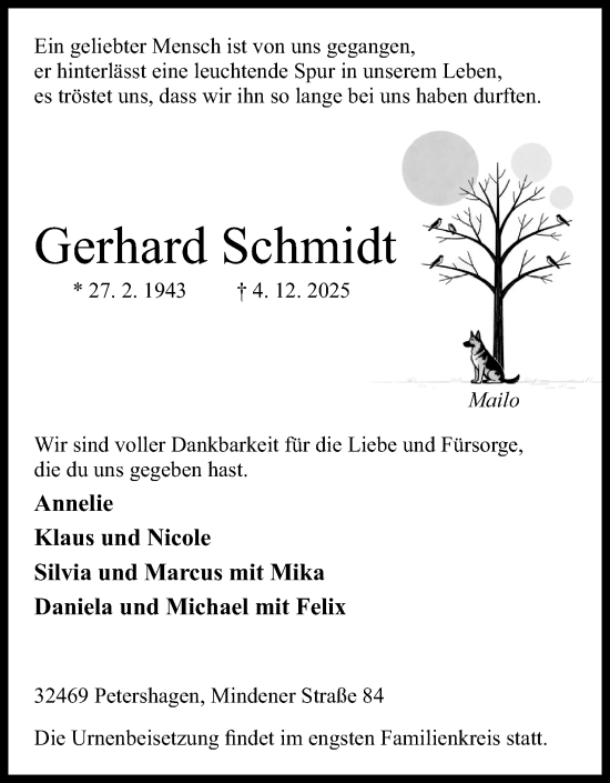 Anzeige von Gerhard Schmidt von Mindener Tageblatt