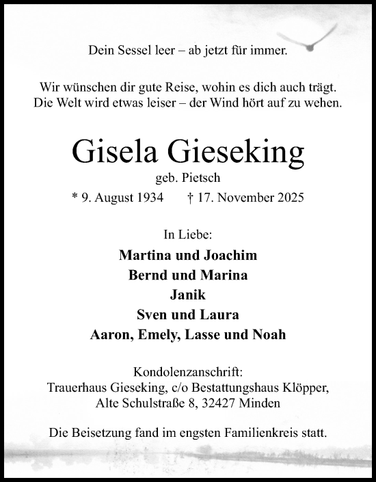 Anzeige von Gisela Gieseking von Mindener Tageblatt
