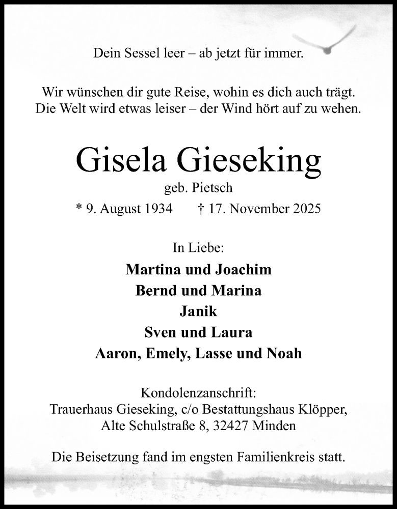  Traueranzeige für Gisela Gieseking vom 06.12.2025 aus Mindener Tageblatt