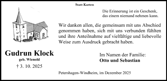 Anzeige von Gudrun Klock von Mindener Tageblatt