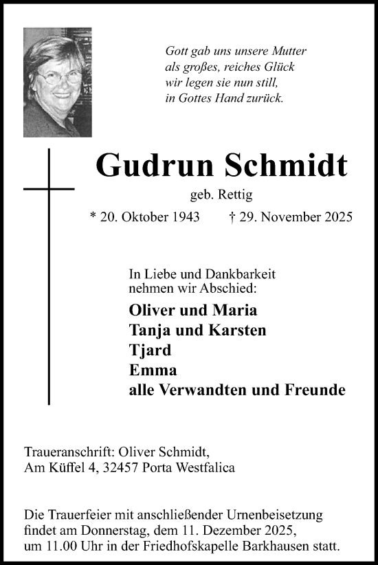 Anzeige von Gudrun Schmidt von Mindener Tageblatt