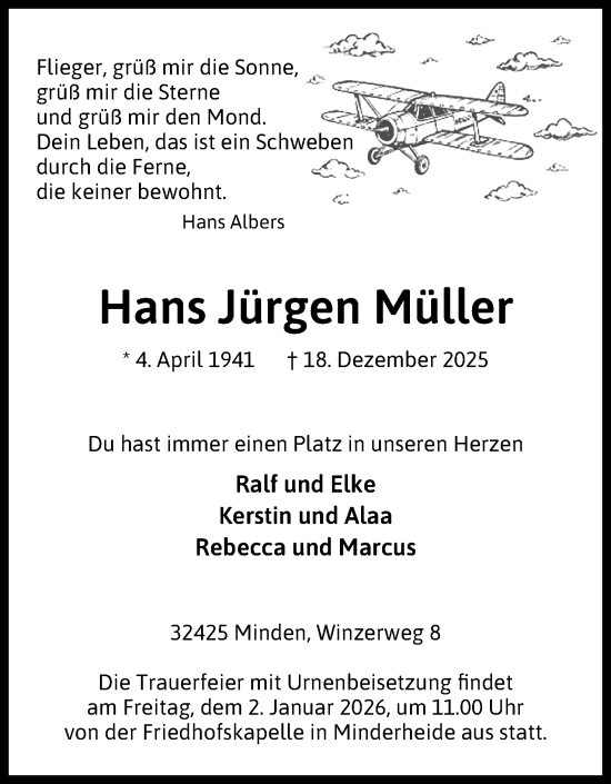 Anzeige von Hans Jürgen Müller von Mindener Tageblatt
