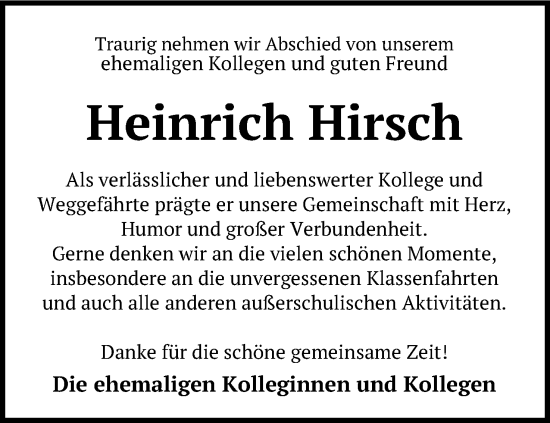 Anzeige von Heinrich Hirsch von Mindener Tageblatt