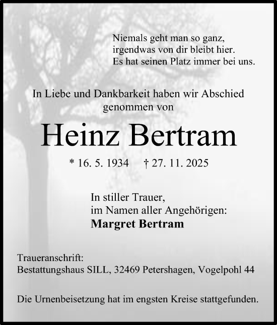Anzeige von Heinz Bertram von Mindener Tageblatt