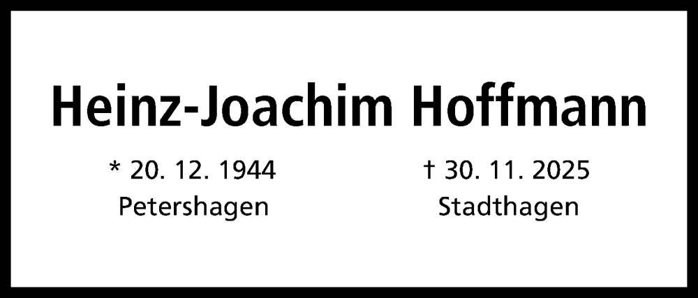  Traueranzeige für Heinz-Joachim Hoffmann vom 06.12.2025 aus Mindener Tageblatt