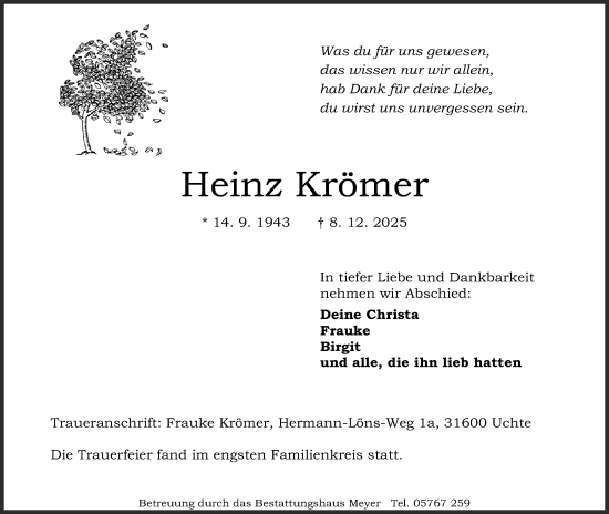Anzeige von Heinz Krömer von Mindener Tageblatt