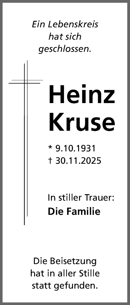 Anzeige von Heinz Kruse von Mindener Tageblatt