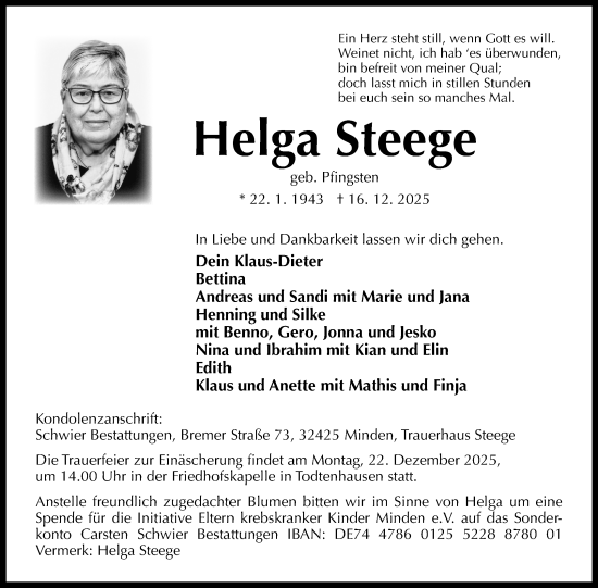 Anzeige von Helga Steege von Mindener Tageblatt