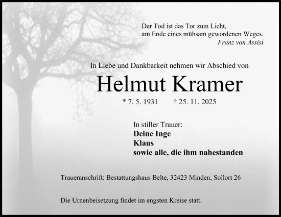 Anzeige von Helmut Kramer von Mindener Tageblatt