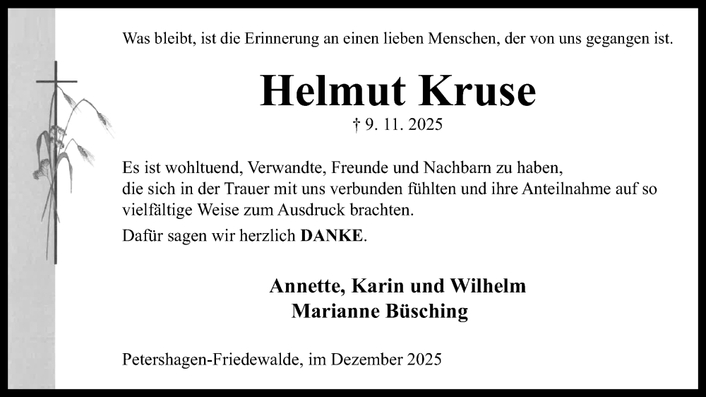  Traueranzeige für Helmut Kruse vom 20.12.2025 aus Mindener Tageblatt