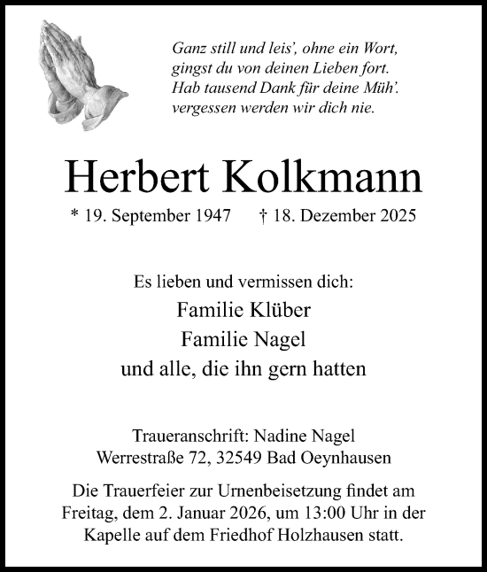 Anzeige von Herbert Kolkmann von Mindener Tageblatt