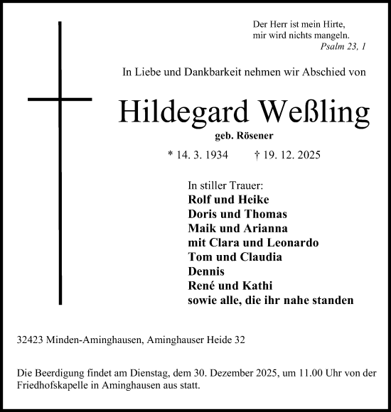 Anzeige von Hildegard Weßling von Mindener Tageblatt