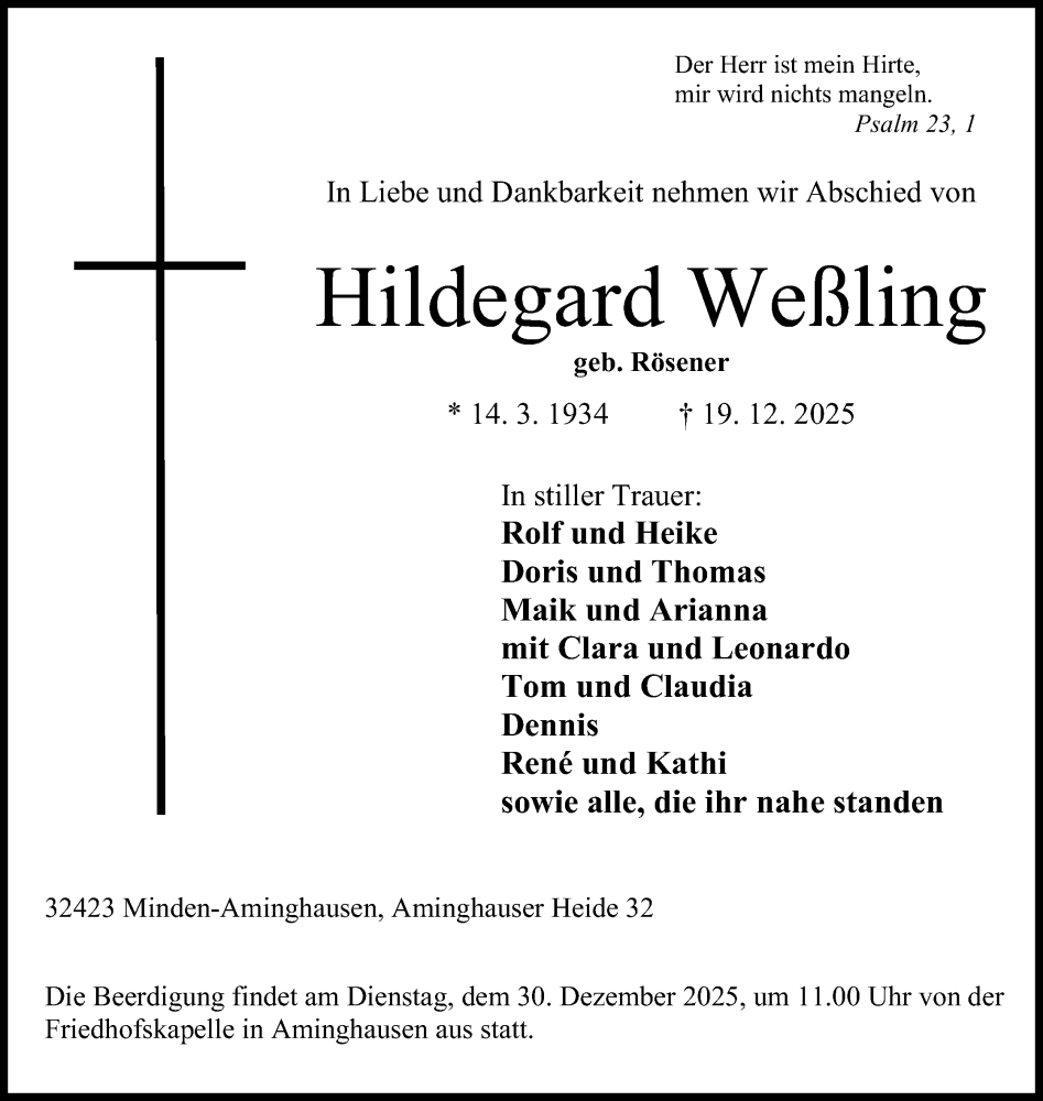  Traueranzeige für Hildegard Weßling vom 24.12.2025 aus Mindener Tageblatt