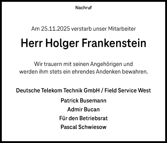 Anzeige von Holger Frankenstein von Mindener Tageblatt