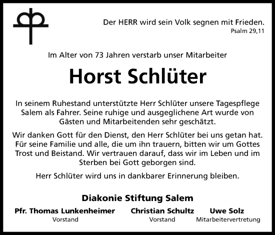 Anzeige von Horst Schlüter von Mindener Tageblatt