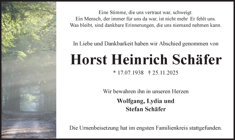  Traueranzeige für Horst Heinrich Schäfer vom 20.12.2025 aus Mindener Tageblatt