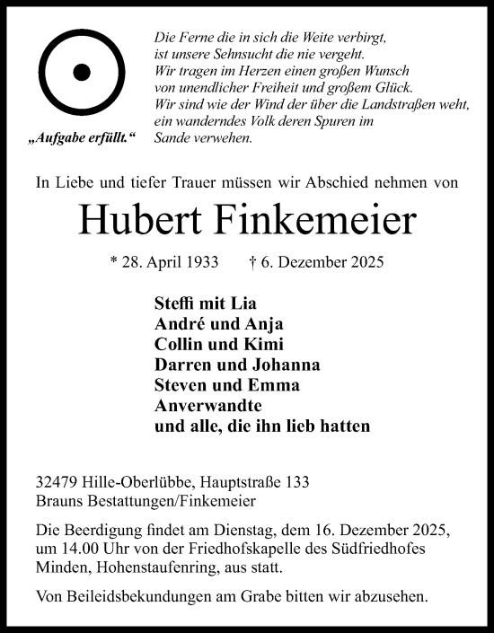 Anzeige von Hubert Finkemeier von Mindener Tageblatt
