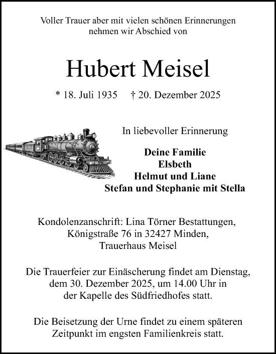 Anzeige von Hubert Meisel von Mindener Tageblatt
