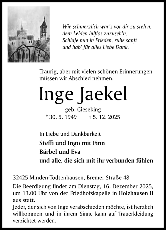 Anzeige von Inge Jaekel von Mindener Tageblatt