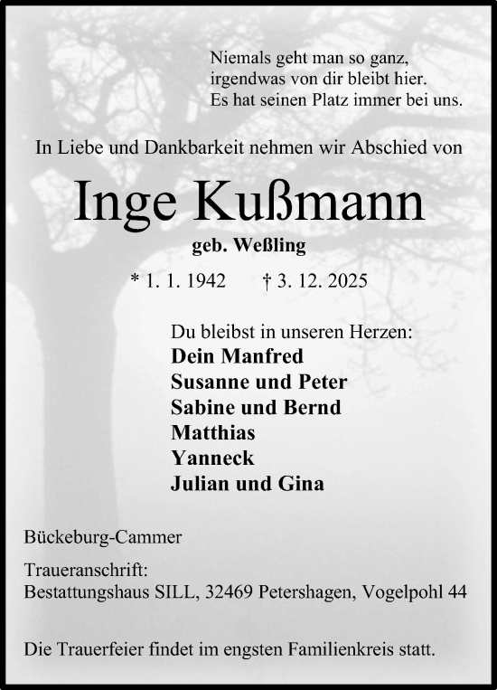 Anzeige von Inge Kußmann von Mindener Tageblatt