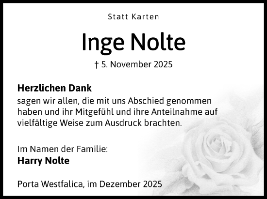 Anzeige von Inge Nolte von Mindener Tageblatt