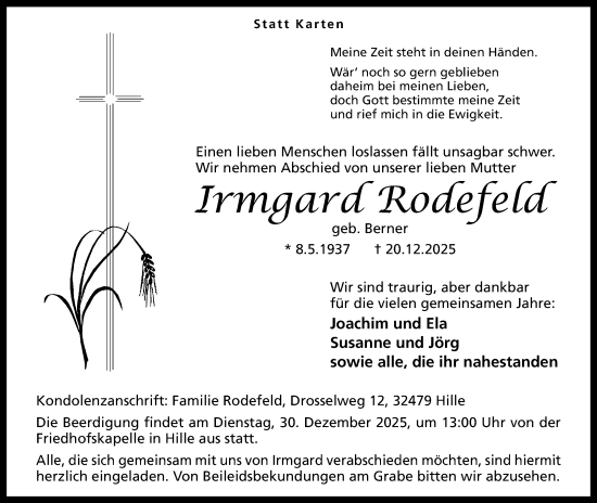 Anzeige von Irmgard Rodefeld von Mindener Tageblatt