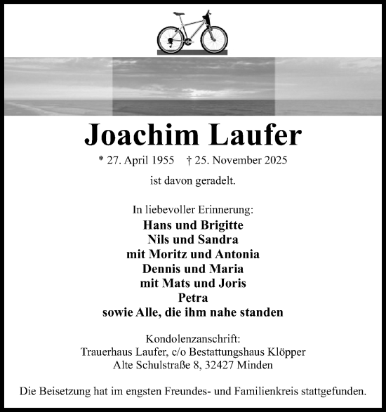 Anzeige von Joachim Laufer von Mindener Tageblatt