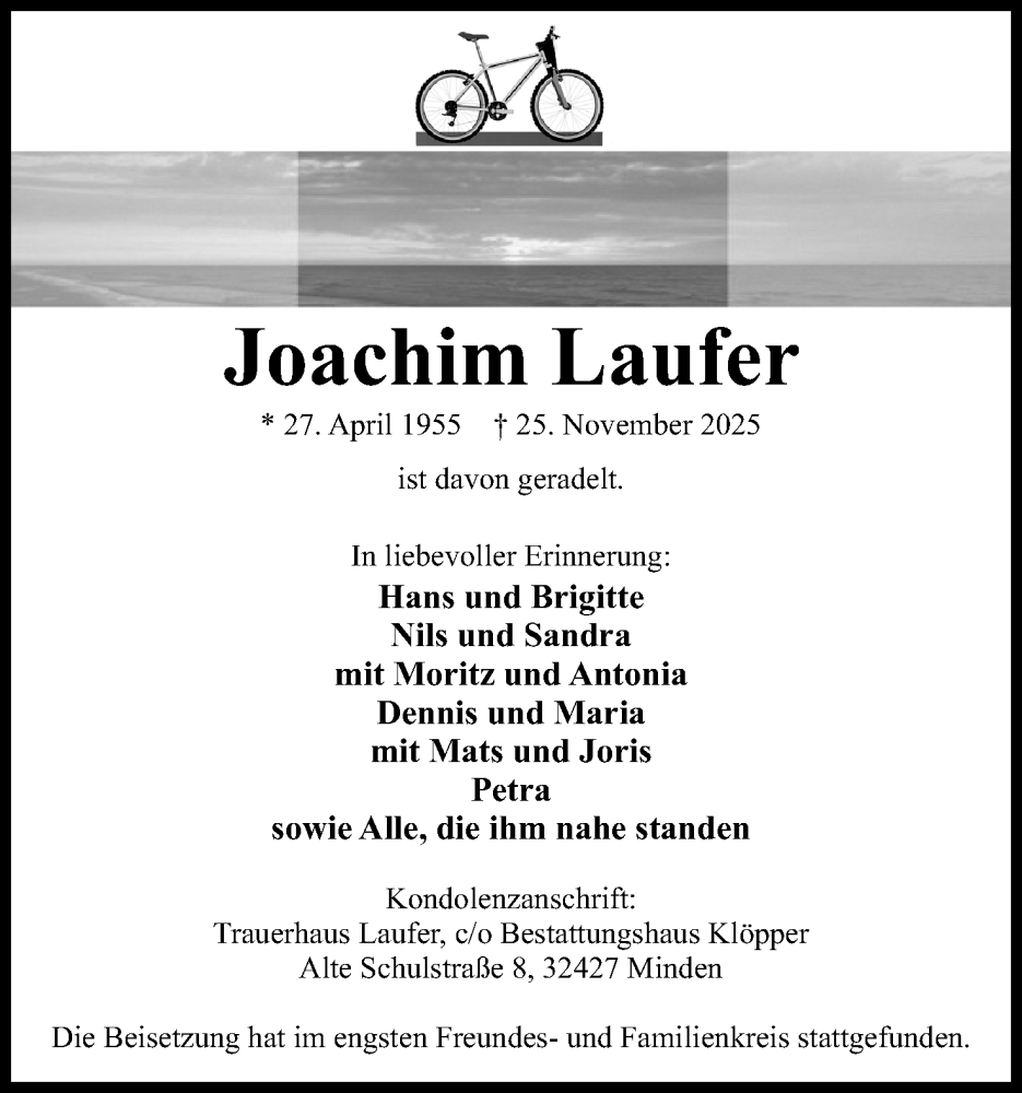  Traueranzeige für Joachim Laufer vom 20.12.2025 aus Mindener Tageblatt