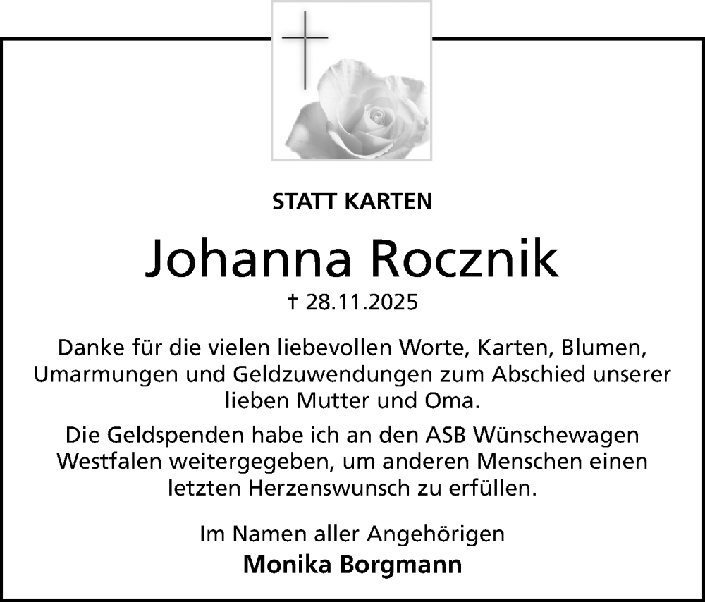  Traueranzeige für Johanna Rocznik vom 27.12.2025 aus Mindener Tageblatt