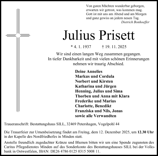 Anzeige von Julius Prisett von Mindener Tageblatt