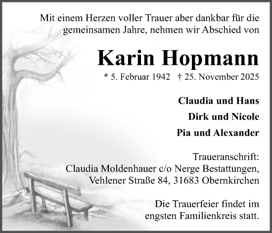 Anzeige von Karin Hopmann von Mindener Tageblatt