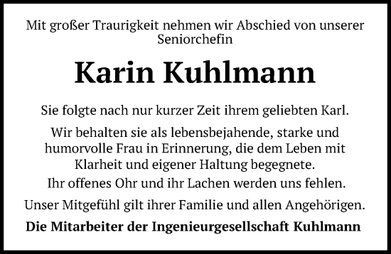 Anzeige von Karin Kuhlmann von Mindener Tageblatt