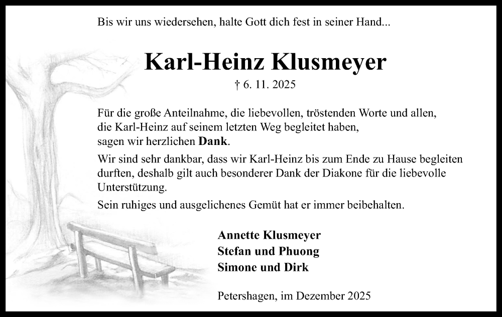  Traueranzeige für Karl-Heinz Klusmeyer vom 10.12.2025 aus Mindener Tageblatt