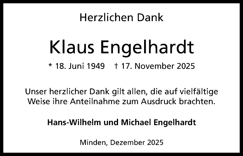  Traueranzeige für Klaus Engelhardt vom 27.12.2025 aus Mindener Tageblatt