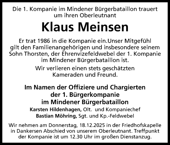 Anzeige von Klaus Meinsen von Mindener Tageblatt