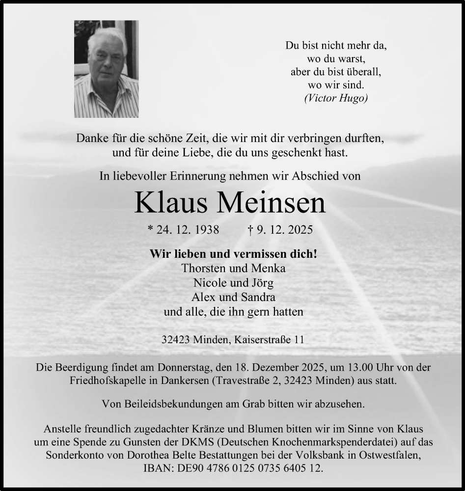  Traueranzeige für Klaus Meinsen vom 13.12.2025 aus Mindener Tageblatt