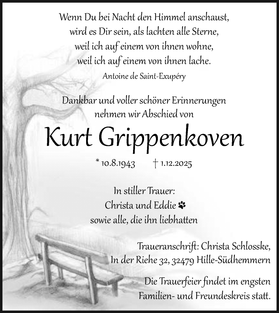  Traueranzeige für Kurt Grippenkoven vom 06.12.2025 aus Mindener Tageblatt