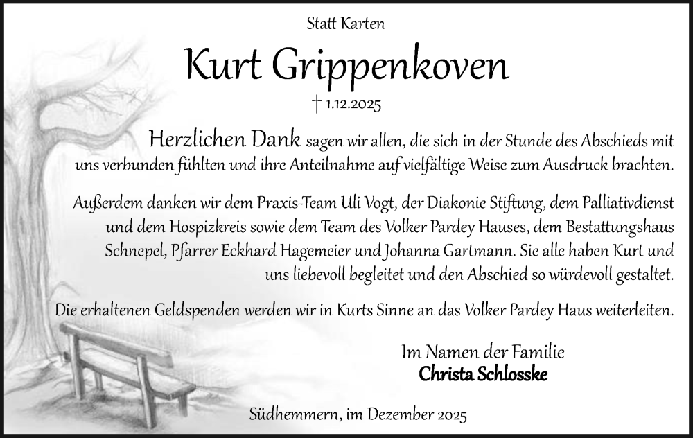  Traueranzeige für Kurt Grippenkoven vom 27.12.2025 aus Mindener Tageblatt