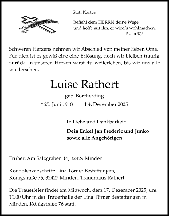 Anzeige von Luise Rathert von Mindener Tageblatt