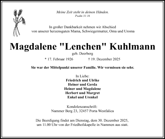 Anzeige von Magdalene Kuhlmann von Mindener Tageblatt